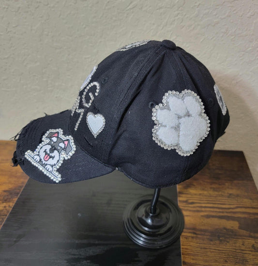 Handcrafted Black  Distressed  Rhinestone Unstructured Dog Mom Cap Ju-Nel Fashion Boutique