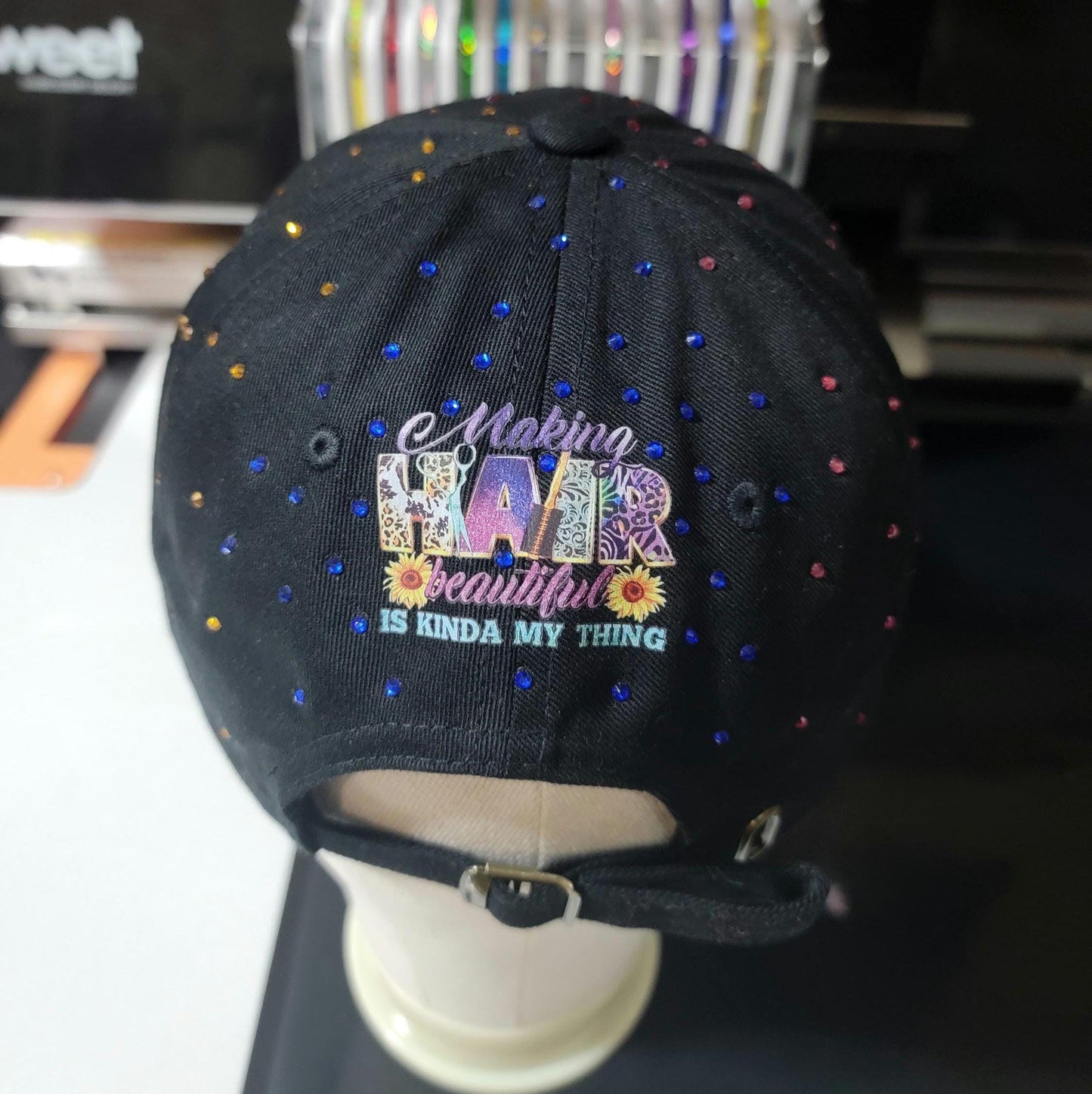 Black Unstructed Hairstylist Rhinestone Cap Ju-Nel Fashion Boutique