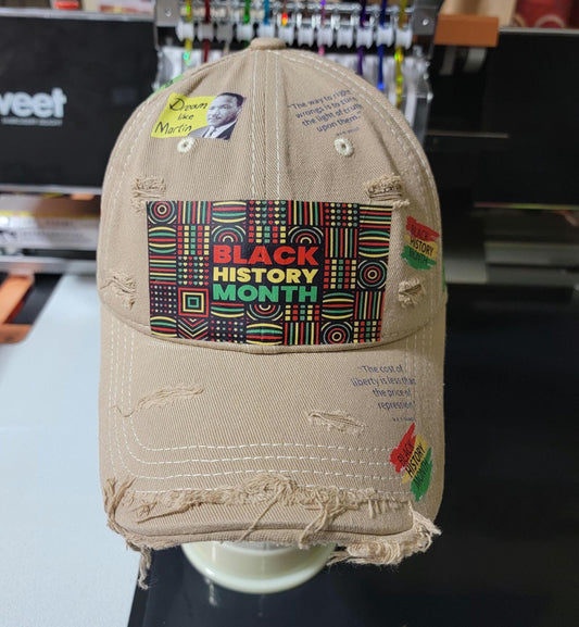 Handcrafted Khaki Distressed  Unstructured Black History Cap Ju-Nel Fashion Boutique