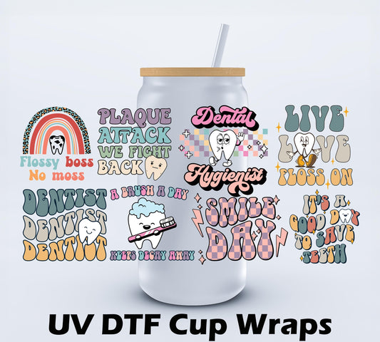 Dental-Themed UV DTF Cup Wraps – Fun & Colorful Dental Hygienist Cup Decals Ju-Nel Fashion Boutique