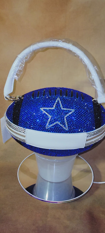 Blue, Black, and Crystal Handcrafted Rhinestone Crossbody Football Purse