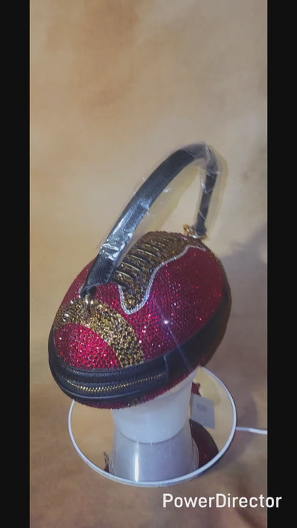 Red, Black, Crystal Handcrafted Rhinestone Crossbody Football Purse