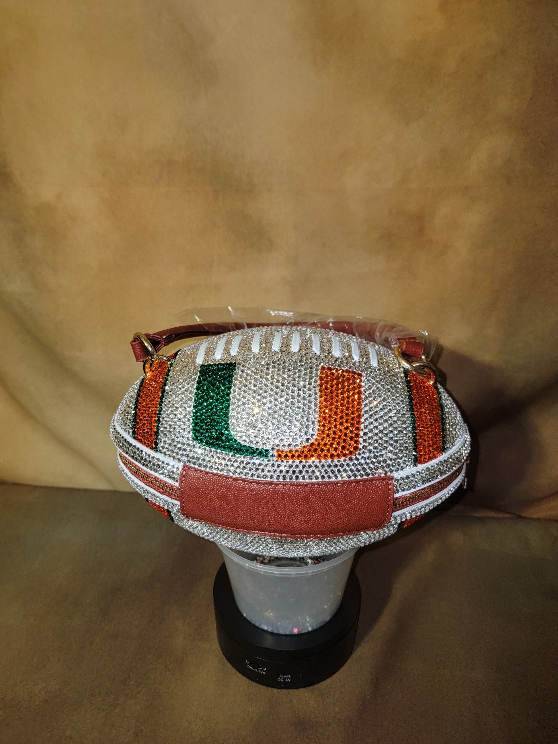 Crystal, Green & Orange Handcrafted Rhinestone Crossbody Football Purse Ju-Nel Fashion Boutique
