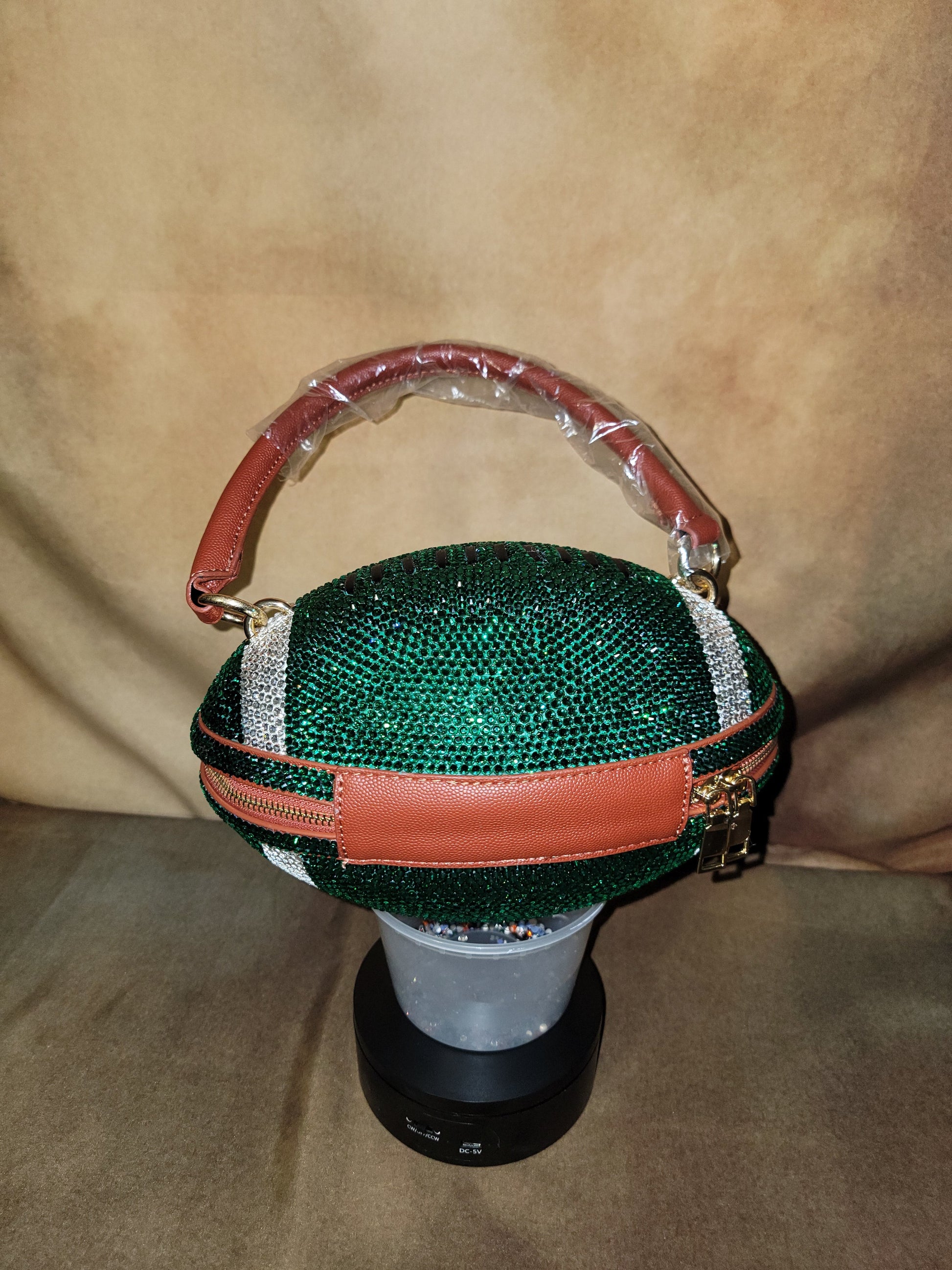 Green, Orange & Crystal Handcrafted Rhinestone Crossbody Football Purse Ju-Nel Fashion Boutique