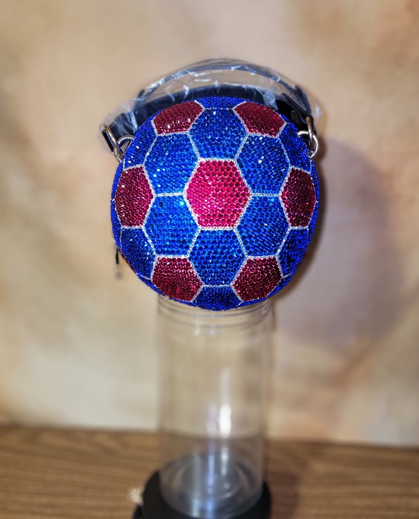 Blue, Red & Crystal Trim Handcrafted Rhinestone Crossbody Soccer  Purse