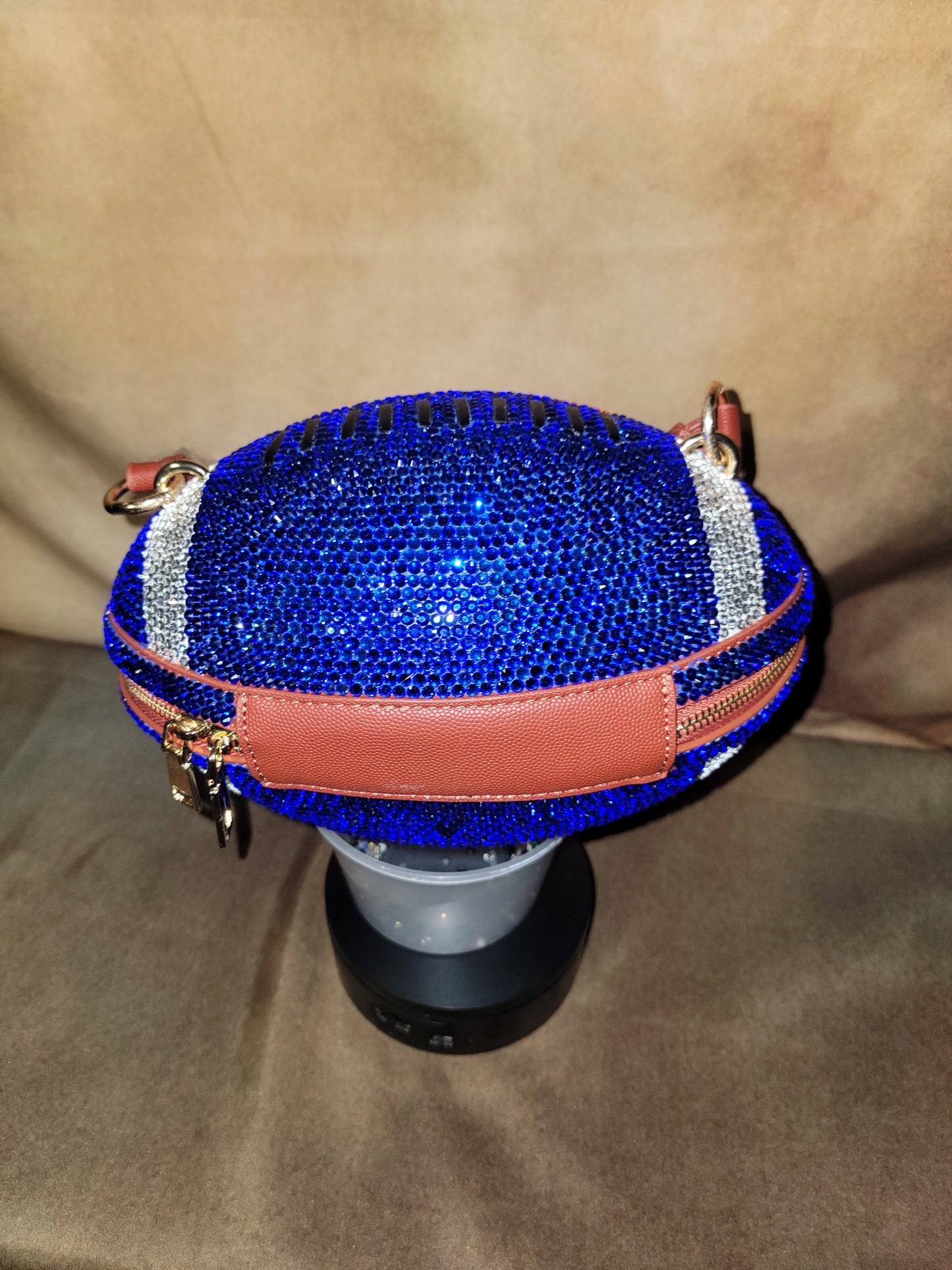 Blue, Orange & Crystal Handcrafted Rhinestone Crossbody Football Purse Ju-Nel Fashion Boutique