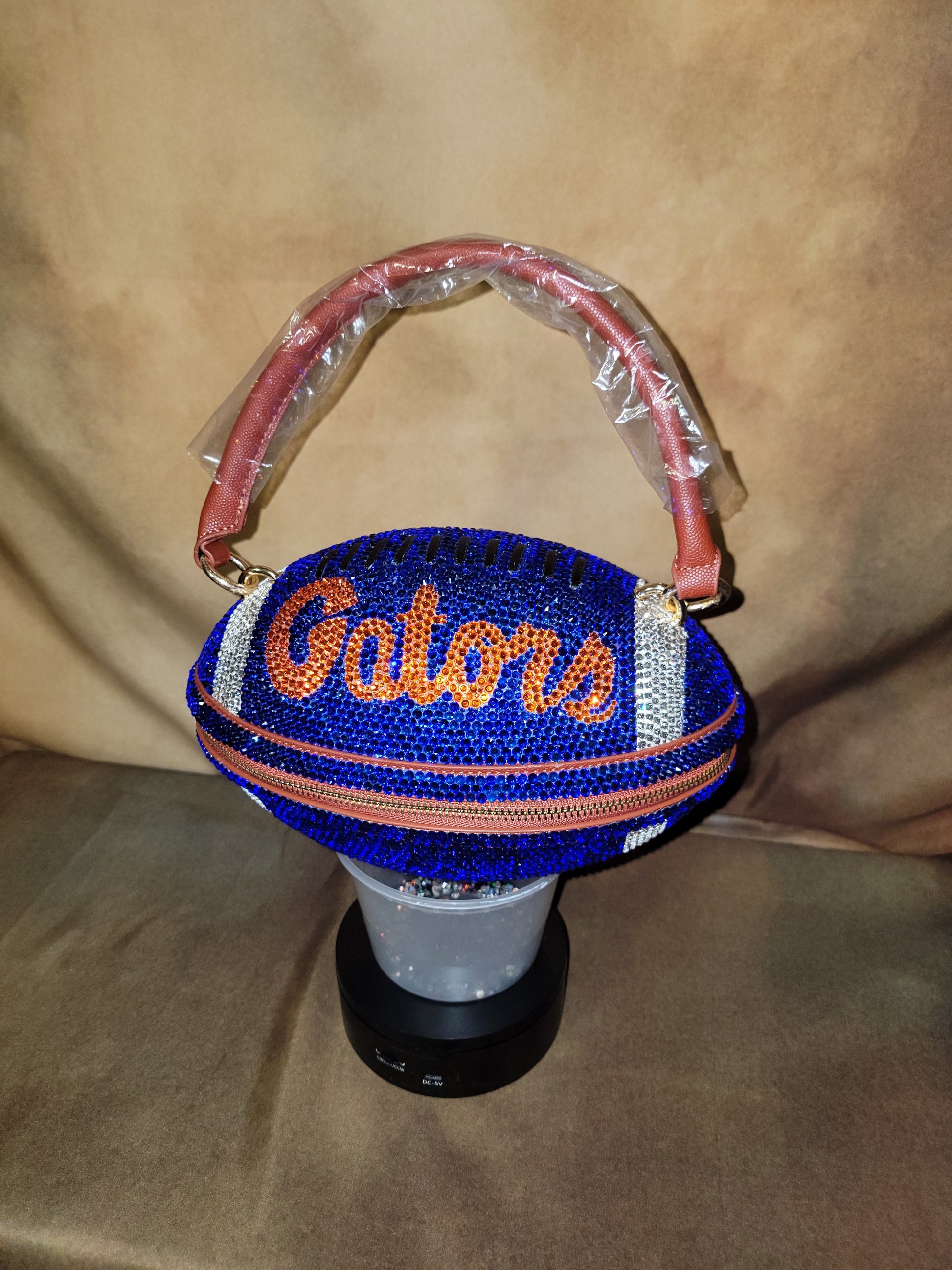 Blue, Orange & Crystal Handcrafted Rhinestone Crossbody Football Purse Ju-Nel Fashion Boutique