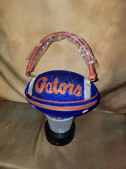 Blue, Orange & Crystal Handcrafted Rhinestone Crossbody Football Purse Ju-Nel Fashion Boutique