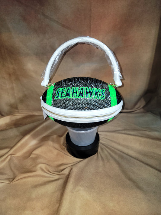 Blue, Neon Green, Gray & white Handcrafted Rhinestone Crossbody Football Purse