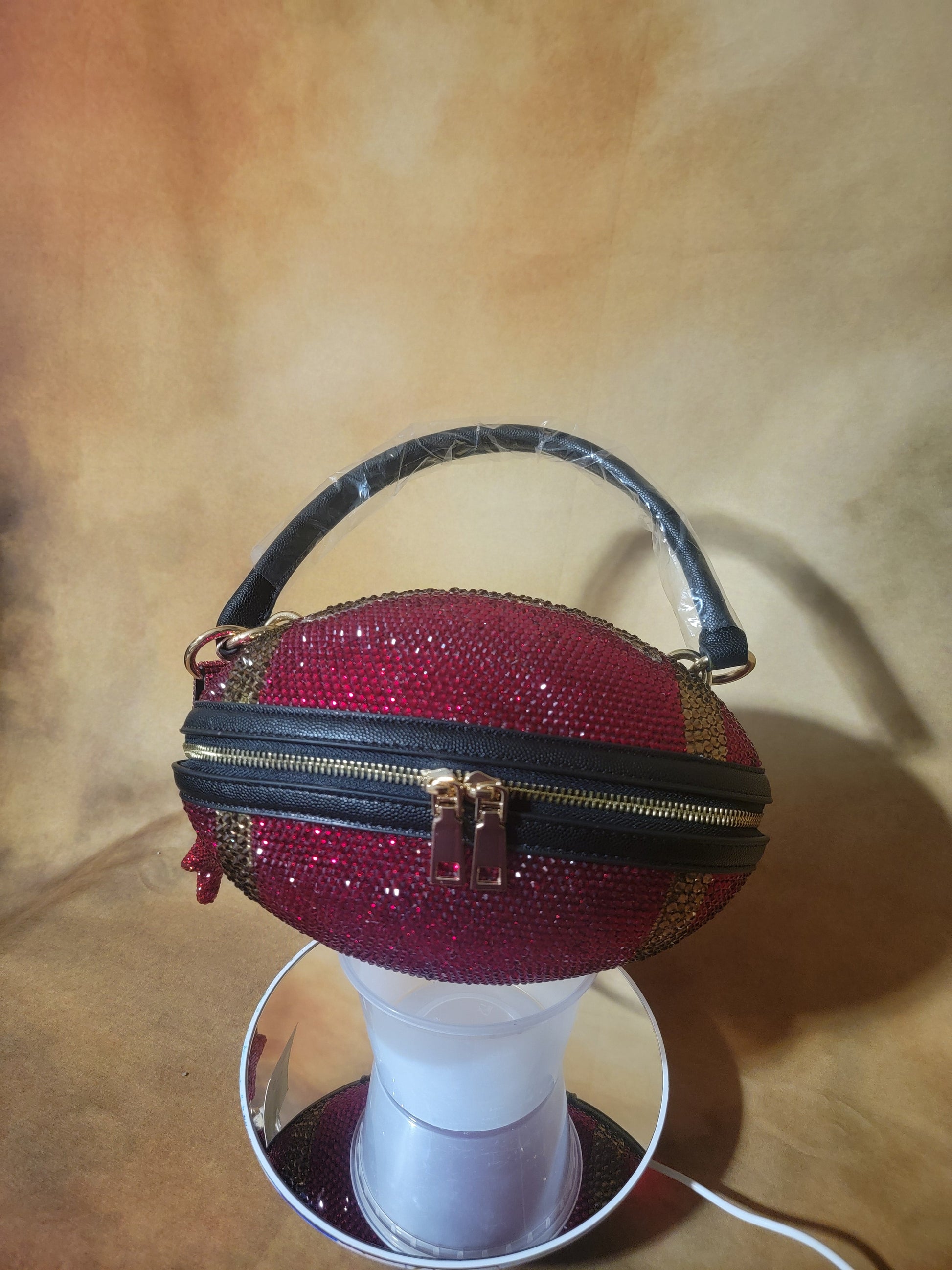 Red, Black, Crystal Handcrafted Rhinestone Crossbody Football Purse Ju-Nel Fashion Boutique