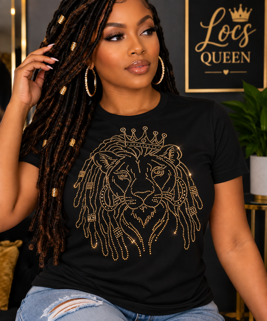 Locs Queen Crowned Lion Gold Rhinestone Ladies T-Shirt