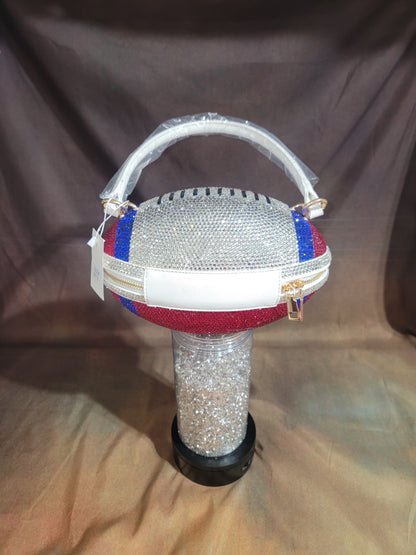 Blue, Red, Crystal & white Handcrafted Rhinestone Crossbody Football Purse