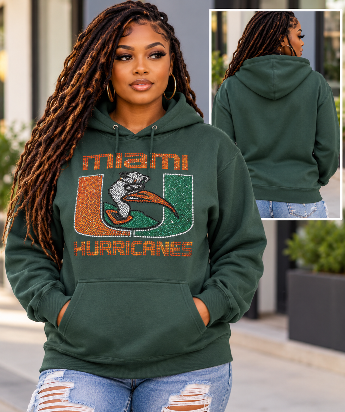 Miami Hurricanes Inspired Rhinestone Hoodie – Forest Green
Show Your Miami Pride in Style! 🧡💚
