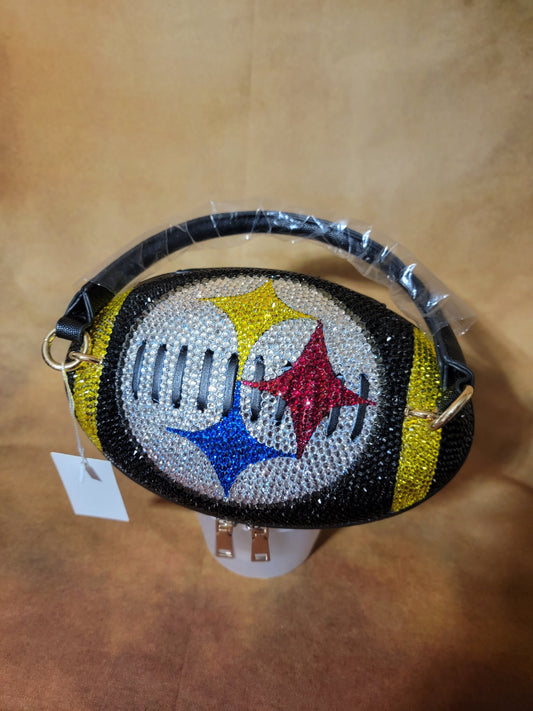 Black, Yellow, Crystal, Red & Blue Handcrafted Rhinestone Crossbody Football Purse Ju-Nel Fashion Boutique