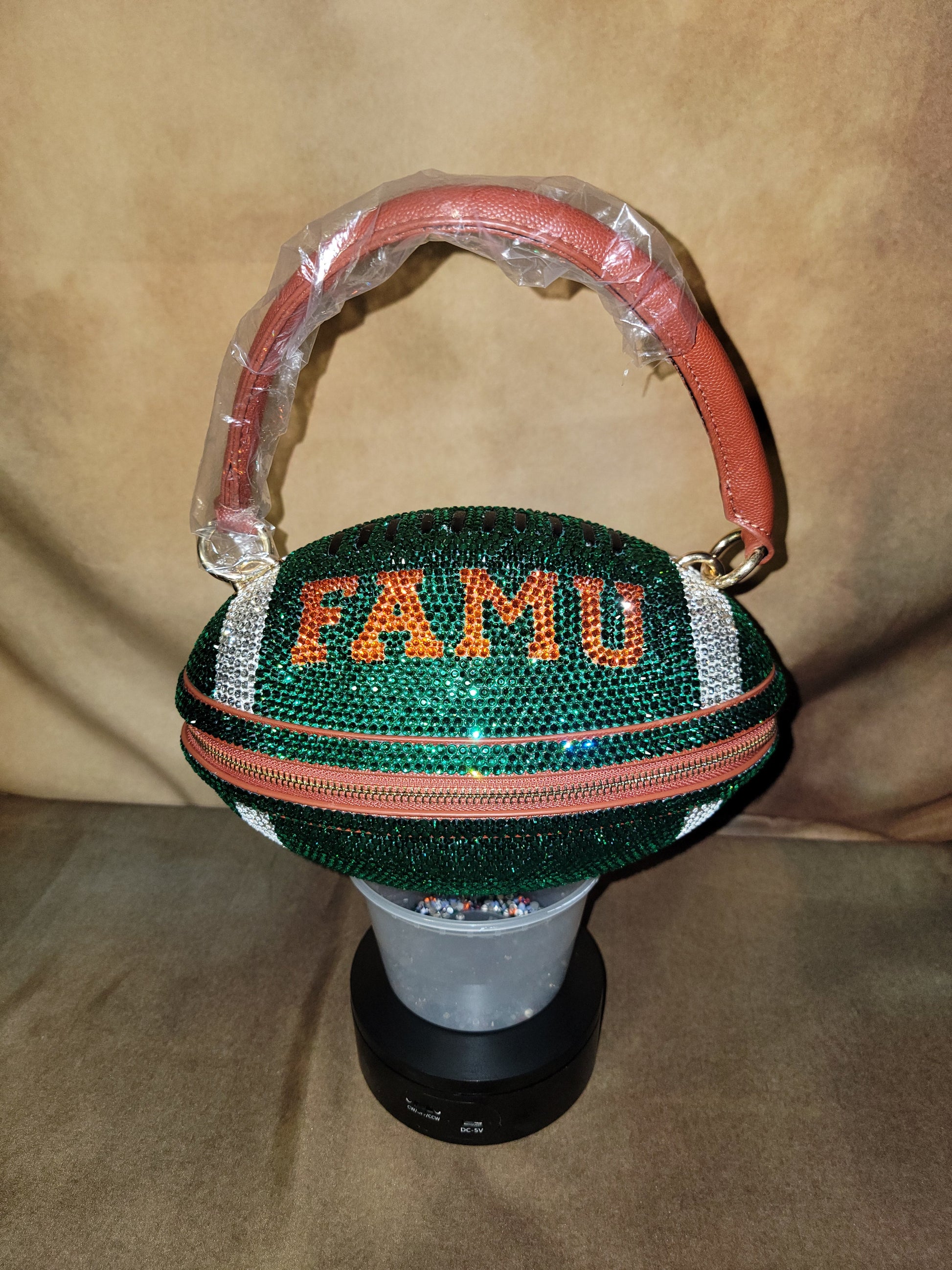 Green, Orange & Crystal Handcrafted Rhinestone Crossbody Football Purse Ju-Nel Fashion Boutique