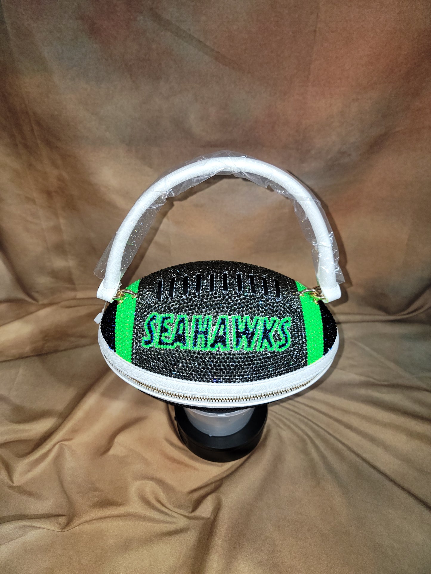 Blue, Neon Green, Gray & white Handcrafted Rhinestone Crossbody Football Purse
