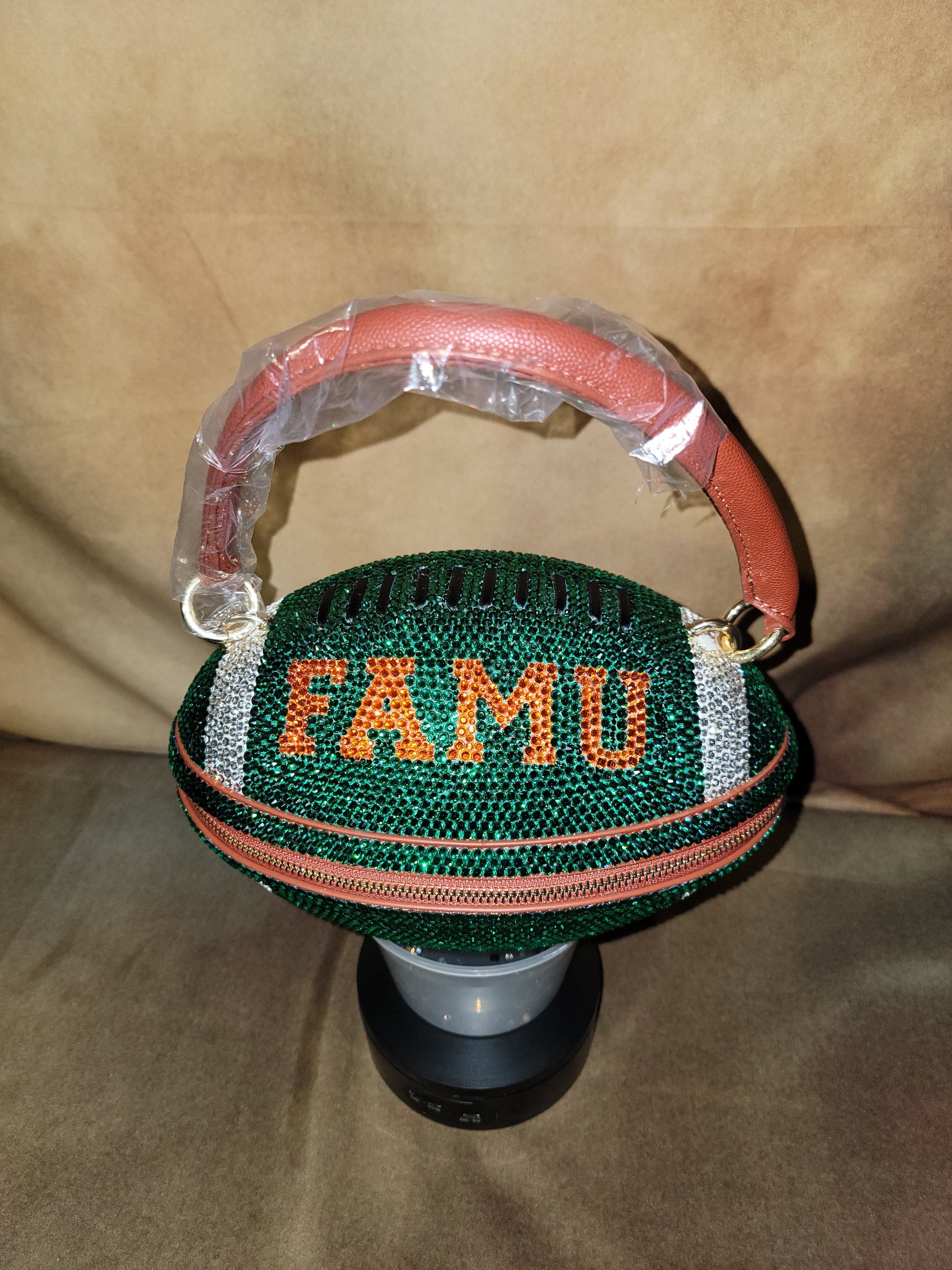 Green, Orange & Crystal Handcrafted Rhinestone Crossbody Football Purse Ju-Nel Fashion Boutique