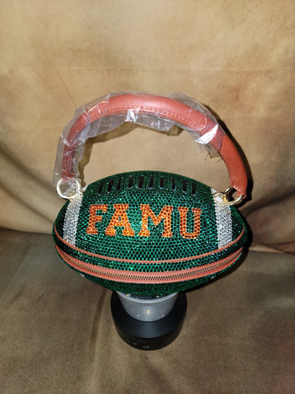 Green, Orange & Crystal Handcrafted Rhinestone Crossbody Football Purse Ju-Nel Fashion Boutique