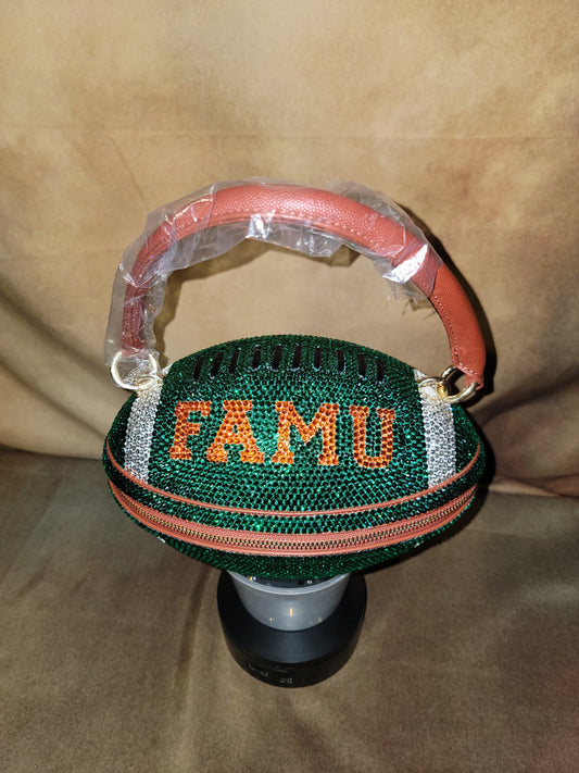 Green, Orange & Crystal Handcrafted Rhinestone Crossbody Football Purse Ju-Nel Fashion Boutique